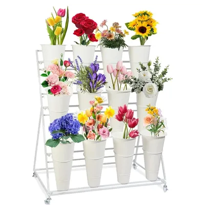 Flower Display Stand with Buckets, 3 Layers Metal Plant Stand, Moving Florist Bouquet Shelf for