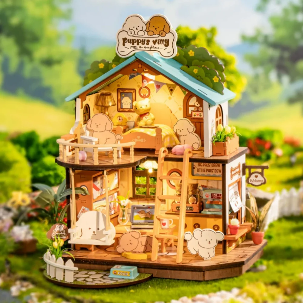 Robotime Rolife Kit casa delle bambole in miniatura fai-da-te Rolife Villa accogliente per cuccioli Incredibile regalo per bambini Casa in miniatura fai-da-te per adulti