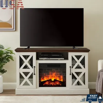 Farmhouse TV Stand with Electric Fireplace Insert TVs up to 55 inch Adjustable Heat 3D Flame Effect