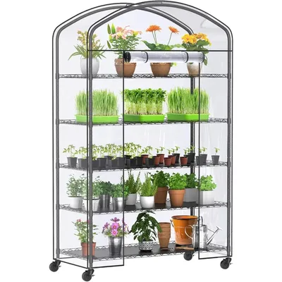 5-Tier Greenhouse with Caster Wheel, Each Shelf Height Adjustable Metal Plant Shelf with PVC Cover