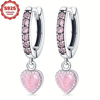 TEMU Elegant 925 Sterling Silver Dangle Earrings With Pink Heart Pendants - Low Allergenic, Synthetic Cubic Zirconia, Valentine's Day And Everyday Wear, Daily Earrings|elegant Dangle Earrings| Image