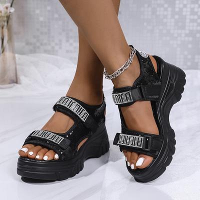 TEMU Women' High-heel Sandals With Sparkling Straps - Trendy Black Platform Sneakers For Beach And Casual Wear, Casual Footwear | Trendy High Heel | Footwear Image