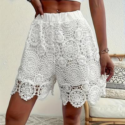 TEMU Women's Plus Size White Lace-up Shorts - , Solid Color, Stretchy Polyester Blend, Hollow-out Detail, High-waisted Design For Summer , High Waisted Short Image