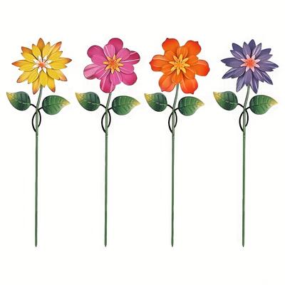 TEMU 4pcs Metal Flower Garden Stakes - Vibrant Pink, Yellow, Purple & Orange Outdoor Decor For Yard, Patio, Balcony & Lawn - Contemporary With Green Leaves, Decoration, Garden Decorations Image