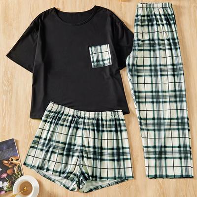 TEMU Plus Size Black Top, Pants, Shorts Striped Pajama Set Image