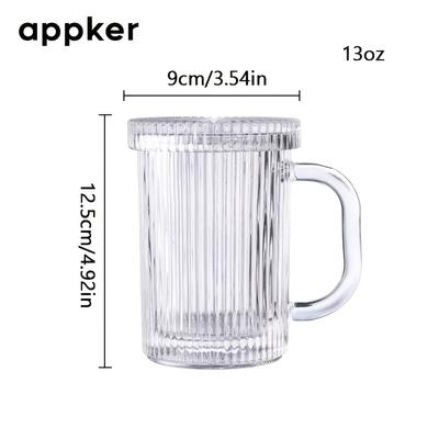 TEMU Appker 13oz Glass Coffee Mug With Lid - Striped Design, Non-slip, Reusable Cup For Home, Cafe, Or Party Use - Tea, Milk, And More, Tea Cups Image