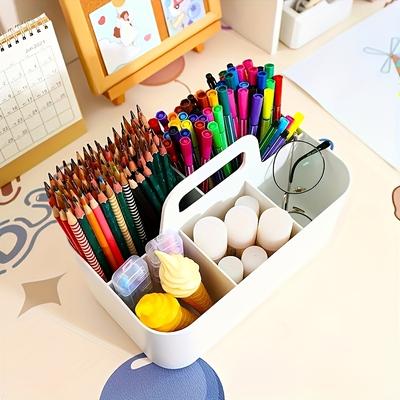 TEMU Plastic Storage Basket With Handle, Portable Pen Holder And Stationery Box, Desktop Storage Bag With 5 Compartments, Essential For Valentine's Day And Thanksgiving Back-to- Image