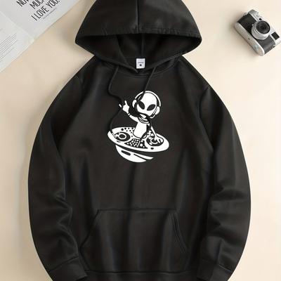 TEMU Men's Trendy Royal Blue Hooded Sweatshirt With Astronaut Dj Print - Casual Fall/winter Drawstring Hoodie, Front Kangaroo Pocket, Polyester Blend, Machine Washable, Hoodie Astronaut Image