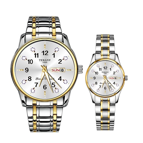 Coffret de montres à quartz pour couple 2 pièces – cadran numérique rond, étanchéité IPX7, aiguilles lumineuses, double calendrier (date et jour), bracelet en alliage, style professionnel unisexe, idéal pour les rendez-vous et les cadeaux