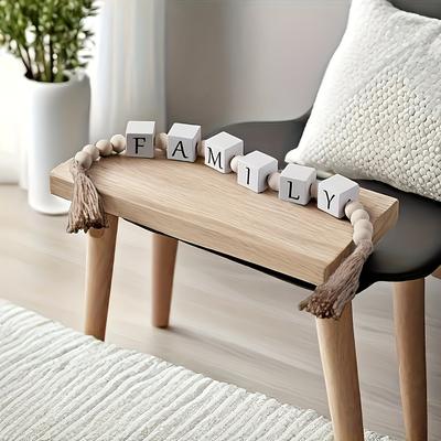 TEMU 1pc Linen Tassel Square Letter Wall Art - Family Wooden Letters With White Beads & Natural Wood Frame, Rustic Home Decor For Housewarming, Living Room, Bedroom - Love & Family Theme Image