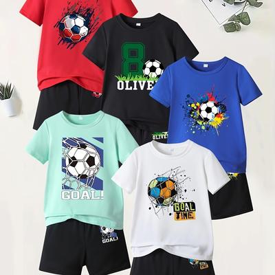 "TEMU 10pcs Boys Summer Short Sleeve Print "football Combo" T-shirt And Shorts Set - Casual, Medium Stretch, Animal Pattern, Regular Fit, Knit Fabric, Polyester And Spandex Composition, For Outdoor" Image