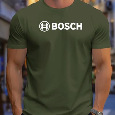 TEMU Men's Casual Crew Neck T-shirt With Geometric Bosch Logo, Short Sleeve, Regular Fit, Stretch Fabric, Casual Top - Maroon Image