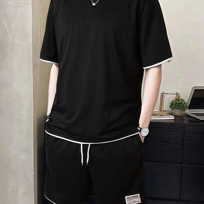 TEMU Men's Casual Black Short-sleeve T-shirt With White Stripe Detail - Round Neck, Comfortable & Breathable Fabric, Casual Attire, Everyday Attire | Round Neck Tee | Comfortable Wear Image