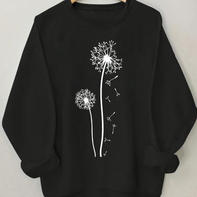 TEMU Women' Pullover Sweatshirt, Dandelion Print, Casual Round Neck Long Sleeve, Polyester Knit, Spring/autumn Season, Geometric Pattern, Ladies Fashion Hoodie Image