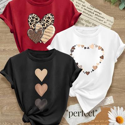 TEMU Colorful Leopard Stripe Heart Pattern Print Fashion Retro Style Women's Spring Autumn Winter Casual Sporty Round Neck Long Sleeve T-shirt 3pcs Set Options S-xxl Image
