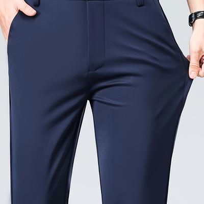 TEMU Men's Relaxed Fit, Navy Blue Dress Pants - Stretchy Spandex Blend, Button-fly, Mid-rise, Workwear, |relaxed Fit Pants|stylish Waistband Image