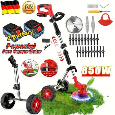 TEMU 3 In 1 Electric Cordless With Wheels, 21v 2×2000mah Battery Powered, 6-inch Cordless String Trimmer With 3 Types Of Blades, Electric Grass Trimmer, Lawn Edger, Mower For Yard, Garden Image