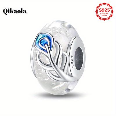 TEMU 1pc Of 925 Sterling Silver Luminous Glass Bead - Feather Glass Bead, Suitable For Women To Wear, Fashionable Pendant Bead, Suitable For Bracelets, Necklaces, Making, S' Gift Image