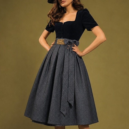 Oktoberfest Robe Dirndl Robes traditionnelles Longueur midi Femme de ménage Bavarois Allemand Prairies Femmes Tissu de style traditionnel (75 cm)