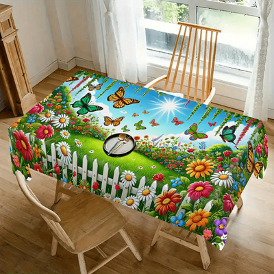 TEMU 1pc Vibrant Garden /summer Tablecloth - Colorful Floral And , 100% Polyester, Rectangular Knit Fabric Cover For Home, Kitchen, Dining Room, Parties & Image