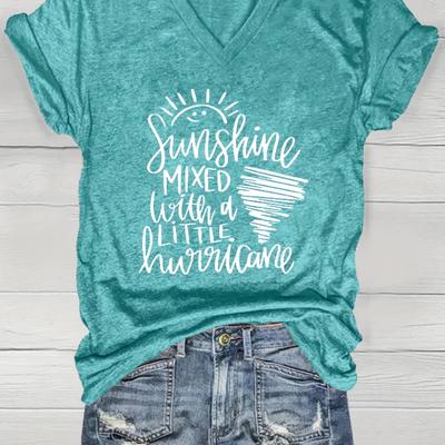 "TEMU Women's Casual V-neck Short Sleeve T-shirt - Gray With "a Little Sunshine A Little Hurricane" Graphic Print, Relaxed Fit Summer Top, Machine Washable" Image