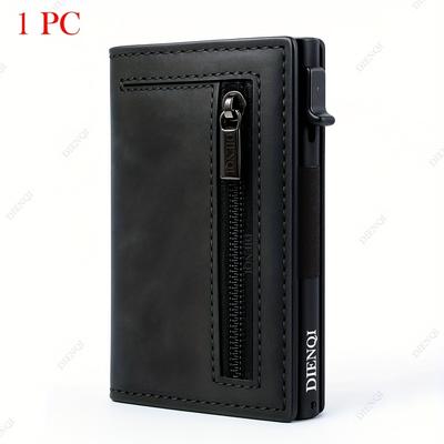 TEMU Rfid Blocking Slim Wallet - Black Leather, Coin Compartment, Metal Card Holder, Thin Design For Men, Secure Zipper Closure, Essential Accessory | Minimalist Wallet | Secure Zipper Closure Image