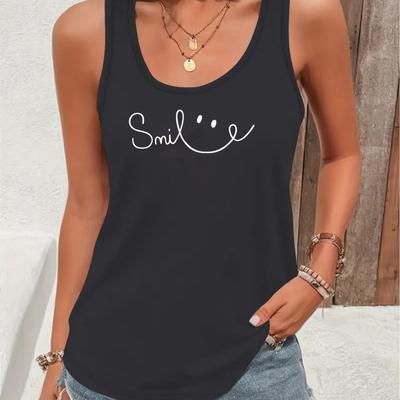 TEMU Women's Casual Sleeveless Tank Top With Smile & Geometric Print - Lightweight Breathable Fabric, Round Neck, Machine Washable For Spring Summer Fall, Ladies Tank Tops, Seasonal Fashion, Design, Image
