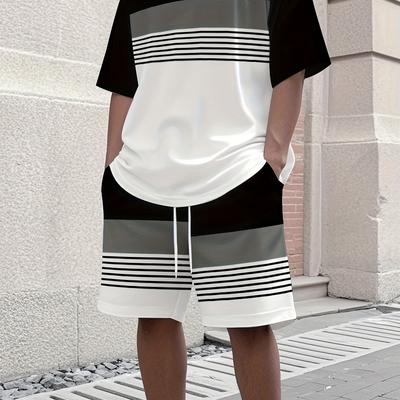 TEMU Men's Athletic T-shirt Set - Striped, Breathable Polyester, Round Neck, Short Sleeve & Knee-length Shorts, Machine Washable, Summer Sportswear Image