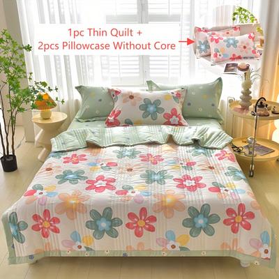 TEMU 3pcs Skin-friendly Summer Set, Printed Embossing Technology, Soft And Comfortable Four-season Quilt, For Single And Double Hotel Home Bedroom Sofa (1 Thin Quilt + 2 Pillowcases Without Core) Image
