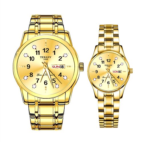 Coffret de montres à quartz pour couple 2 pièces – cadran numérique rond, étanchéité IPX7, aiguilles lumineuses, double calendrier (date et jour), bracelet en alliage, style professionnel unisexe, idéal pour les rendez-vous et les cadeaux