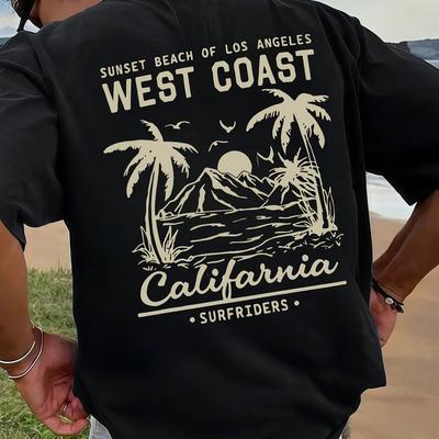 TEMU Men's West California Graphic T-shirt - Los Angeles Surfriders Design, Loose Fit Casual Crew Neck Tee, Polyester Fabric, Summer Outdoor Wear For Men Image