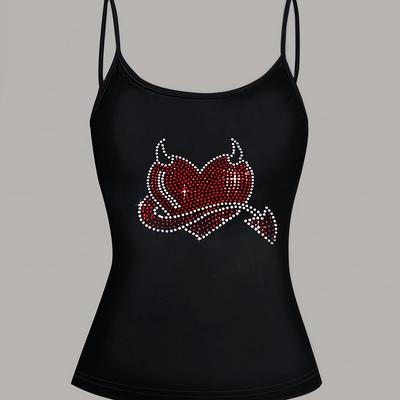TEMU Women' Sleeveless Tank Top With Heart & Rhinestone Graphic - Summer Top, Thin Strap Elegant Design, Machine Washable, Casual Wear | Edgy Fashion | Material Image