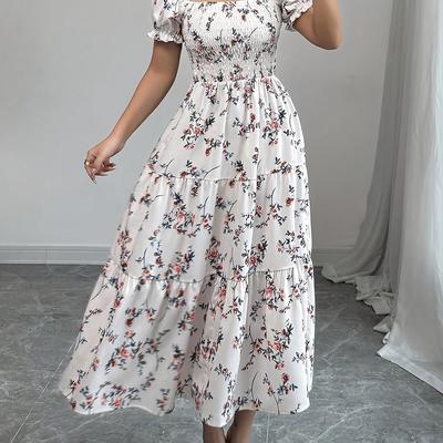 TEMU Women's Bohemian Floral Print A-line Dress With Short Sleeves And Square Neck - Casual, Work, Travel, Beach, Music Festivals, And Country Style, Casual Attire|floral Print Dress|polyester Fabric Image