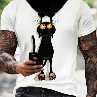TEMU Men's Fashionable Cat Cartoon Print T-shirt, Casual Crew Neck, 100% Polyester Fabric, Machine Washable, Ideal For Summer Image