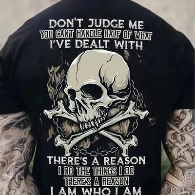 TEMU Mens Skull Pattern Printed T-shirt, Casual Short Sleeve Round Neck T-shirt, Summer Outdoor Mens Clothing Image