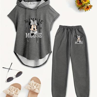 TEMU Women' Piece Drawstring Sleeveless Hooded Top Summer Letter Print Pants, Elastic Waist Casual Pants, Pants Set Image