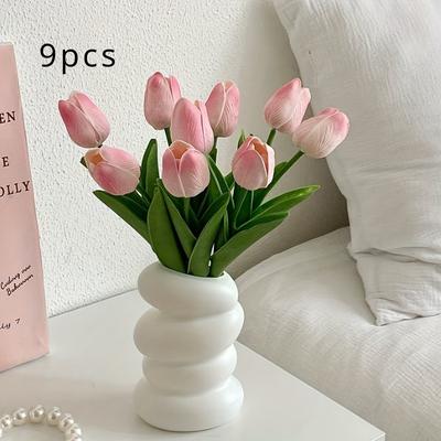 TEMU 9pcs Realistic Artificial Set - Lifelike Plastic Decor For Anniversary & Valentine's Day, Vibrant Pink Tulips With Green Leaves, Living Room Display (vase Not Included), Valentines Decoration Image