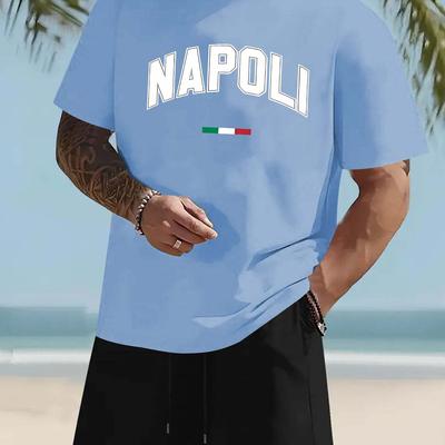 "TEMU Men's "napoli" Graphic T-shirt & Shorts Two-piece Set - Casual, Short Sleeve, Polyester, Round Neck, Beach-themed Design With Palm Tree & Ocean Print, Beach Attire||stretchy Fabric" Image