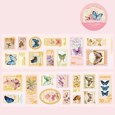TEMU 1 Roll Vintage Golden Stamping Postage Sticker Tape, Floral Pattern, Non-waterproof, Paper Material, Plastic Surface, For Journal Decoration, Scrapbooking Image