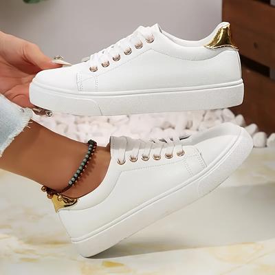 TEMU Women's White Sneakers - Lightweight Low-top Lace-up Shoes With Comfortable Fabric Lining And Rubber Sole, Versatile Casual Footwear Image