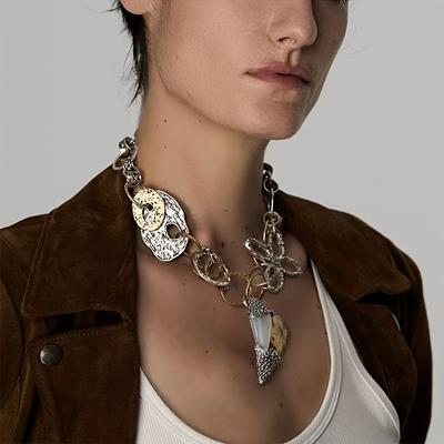 TEMU A Vintage Heart-shaped Short Necklace With A In Distressed Golden And Silvery Colors, Item . Image