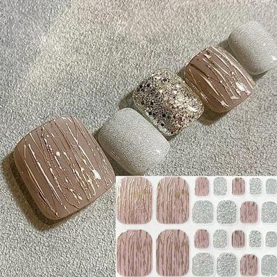 TEMU Golden Stripe 22 Full Coverage Toe Nail Stickers - , Self-adhesive, Glittery Finish For Women's Footwear, Summer Pedicure | Golden Stripe Nail | Selfadhesive Nail Art Image