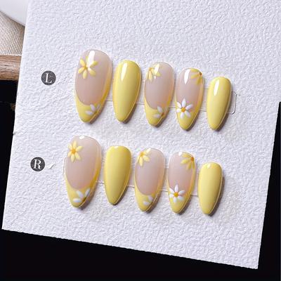 TEMU 10pcs French Manicure Almond Shaped Nail Art - Yellow With Delicate , Glossy Finish, , Nail Art Accessories | Floral Nail Art | Glossy Finish Nails, Nail Decorations Image