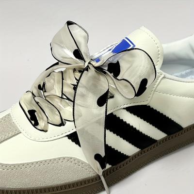 TEMU Elegant Black & White Floral Print Sneakers With Ribbon Bow - Soft Acetate Material, Preppy Style, Hand Washable, Casual Footwear|ribbon Bow Detail|knitted Texture Image