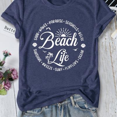 TEMU Stylish Minimalist English Letter Print Elegant Round Neck Short Sleeve T-shirt Spring/summer Women's Casual Vintage Style Top In Multiple Colors S-xxl Image