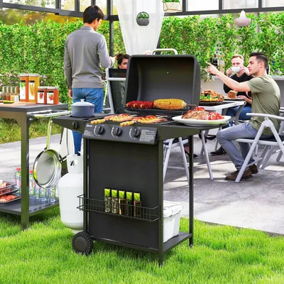 Outsunny 3+1 Burner Gas BBQ Grill, Portable Gas Barbecue Grill with Built-in Thermometer, Lid, Side
