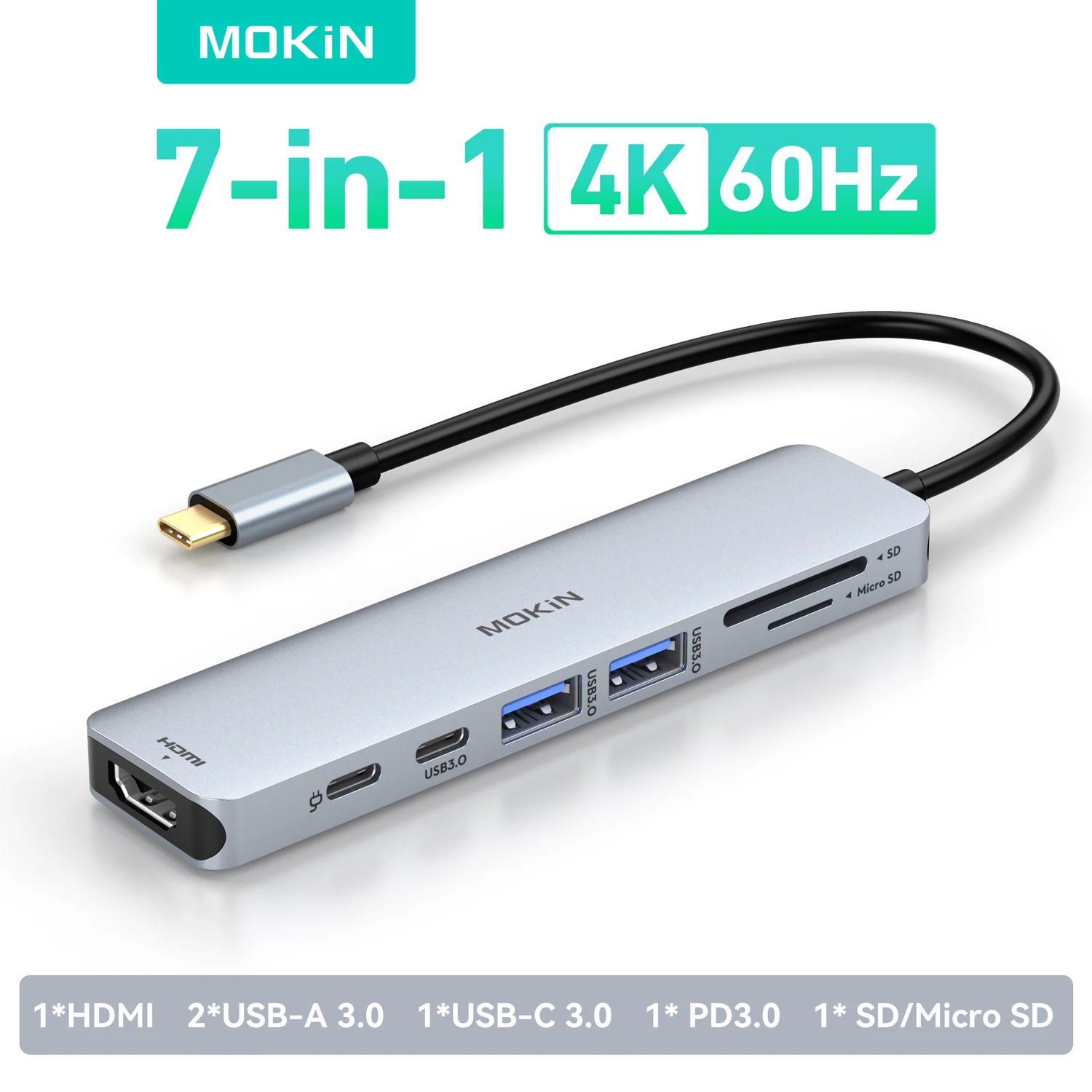USB-C-Hub, 7-in-1-USB-C-auf-4K60-Hz-HDMI-Splitter, MOKiN-Hub Typ C auf USB-Adapter, Dockingstation mit 3 * USB-Anschluss, SD und TF, für Laptops Image
