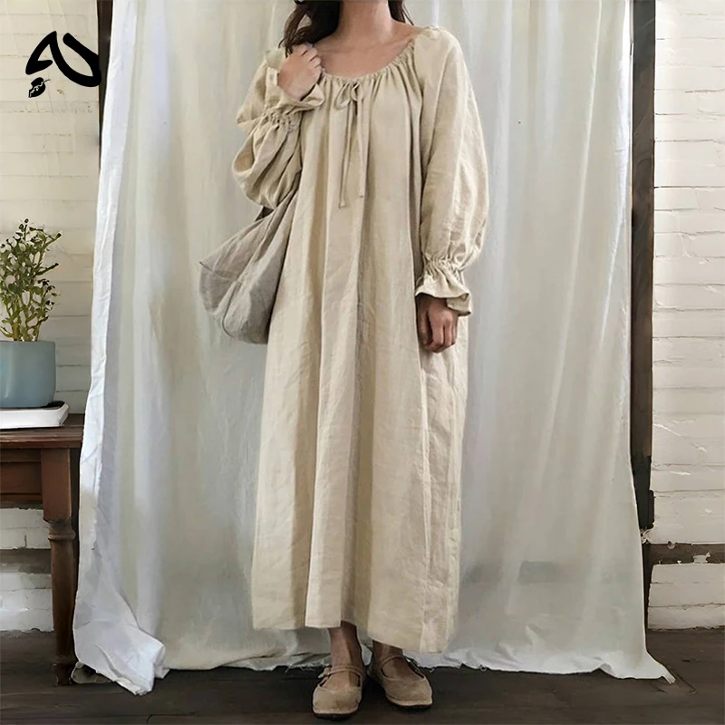 Original Vintage Baumwoll-Leinen Mori-Kleid Damen Lässiges Einteiler Langarm Maxikleid Mori Girl Große Rüschen Robe Kleidung