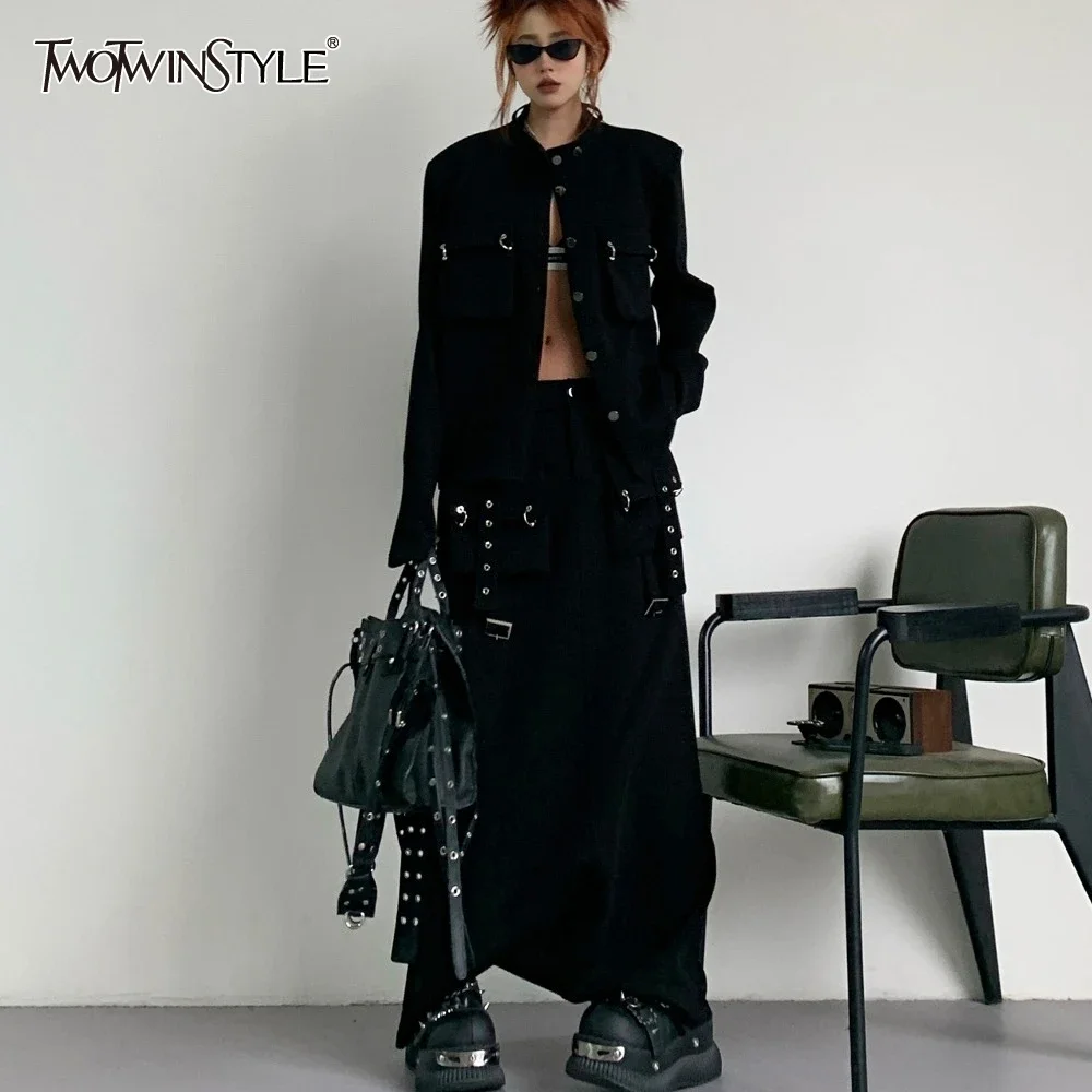 TWOTWINSTYLE Solide Verstärktes Taste Zwei Stück Set für Frauen O Hals Langarm Mantel Hohe Taille Temperament Röcke Weibliche Neue Image