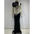 High-End-Mode Frauen Abendkleid Elegante Kurzarm Rollkragen Tüll Einsatz Perlen Kette Maxi Lange Promi Party Kleider
